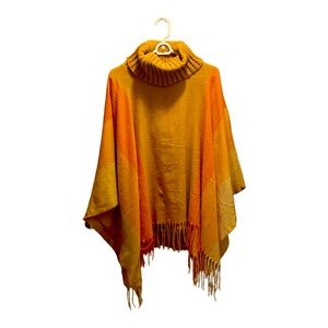 TAHARI wool like turtleneck poncho with fringe